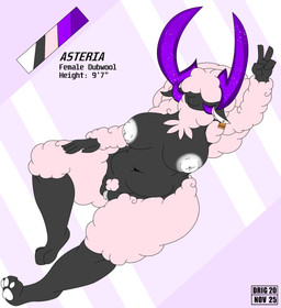 3_toes anthro armpit_tuft belly big_breasts big_butt big_horn black_body breasts butt crotch_tuft curled_horn digitigrade ear_piercing ear_tag feet female fur genitals gesture hair hair_over_eyes hand_gesture hand_on_leg hand_on_thigh horn huge_breasts inverted_nipples lying neck_tuft nipples on_back one_leg_up pawpads paws piercing pink_body pink_fur pink_hair pink_wool plump_labia pokemorph puffy_nipples raised_arm raised_leg simple_background slightly_chubby slightly_chubby_female solo stated_gender stated_height thick_thighs toes tuft v_sign vulva white_nipples white_vulva wide_hips wool_(fur) wool_hair drignov nintendo pokemon asteria_(drignov) bovid caprine dubwool generation_8_pokemon mammal pokemon_(species) sheep absurd_res hi_res model_sheet signature