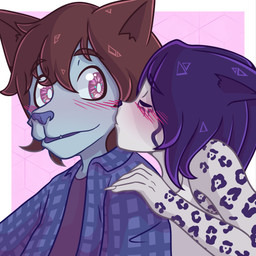 ambiguous/ambiguous ambiguous_gender anthro blush brown_hair clothed clothed_anthro clothed_female clothed_male clothing duo eyes_closed female female_anthro hair heart_symbol kiss_on_cheek kissing male male_anthro purple_hair topwear unknown_artist alixx_(character) canid canine felid fox leopard mammal pantherine 1:1 absurd_res digital_media_(artwork) hi_res
