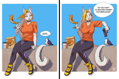 anthro beak beverage bottomwear clothed clothing container cup dialogue eating feathers female feral fingers food food_bag food_in_mouth footwear fried_fish fur gun hair handgun holding_gun holding_handgun holding_object holding_ranged_weapon holding_weapon humor outside pants profanity ranged_weapon shirt shoes speech_bubble tail text threatening threatening_with_weapon topwear weapon hacatiko zefirka_(hacatiko) avian bird domestic_cat felid feline felis mammal comic digital_media_(artwork) english_text hi_res one_page_comic