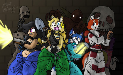 air_tank anthro belt biped black_clothing black_collar black_hair black_shirt black_tank_top black_topwear blue_hair blue_jumpsuit blue_markings bodily_fluids bone breasts cheek_tuft cleavage clenched_teeth clothed clothed_anthro clothed_female clothed_male clothing collar crying empty_eyes facial_tuft female female_anthro fur green_jumpsuit group gun hair holding_gun holding_melee_weapon holding_object holding_ranged_weapon holding_shotgun holding_shovel holding_tool holding_weapon horror_(theme) jack-in-the-box_(toy) jumpsuit male male_anthro markings melee_weapon nail name_tag open_mouth pink_tongue plant purple_mouth ranged_weapon red_body red_fur red_tuft scared screaming shirt shooting shotgun shovel skull spring tail tank_top teal_jumpsuit tears teeth tongue tools topwear tuft weapon white_body white_ears white_eyes white_fur white_jumpsuit yellow_body yellow_fur yellow_glow blayaden lethal_company mckenzie_mckinley sam_(blayaden) animate_inanimate bracken_(lethal_company) canid canine coil-head_(lethal_company) deer domestic_cat elemental_creature elemental_humanoid felid feline felis flora_fauna fox humanoid jester_(lethal_company) mammal monster plant_humanoid 2024 character_request hi_res signature