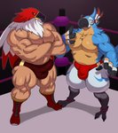 anthro big_bulge blush bulge clothed clothing crossed_arms duo fighting_ring male male/male muscular muscular_anthro muscular_legs muscular_male pecs topless sssonic2 breath_of_the_wild garou:_mark_of_the_wolves nintendo snk the_king_of_fighters the_legend_of_zelda kass_(tloz) tizoc avian bird rito 2021 absurd_res hi_res