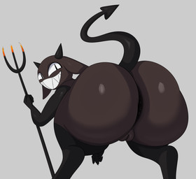 anthro anus big_butt butt female genitals horn huge_butt pitchfork rear_view sharp_teeth smile solo spade_tail tail teeth tools vulva coffee_demon mewgenics hot_poker_(mewgenics) demon absurd_res hi_res