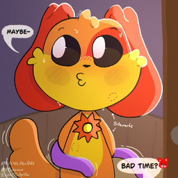 anthro bite_mark black_eyes blush blush_lines bodily_fluids fur group long_ears long_tail male motion_lines orange_body orange_fur pupils purple_body purple_fur red_body red_fur speech_bubble sweat sweatdrop tail text trio white_pupils tinky mob_entertainment poppy_playtime smiling_critters bobby_bearhug catnap_(poppy_playtime) dogday_(poppy_playtime) bear canid canine canis domestic_cat domestic_dog felid feline felis mammal url