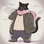 anthro biped black_body bottomwear clothing kemono male overweight overweight_male pants scarf solo sweater topwear hinami the_masterful_cat_is_depressed_again_today yukichi domestic_cat felid feline felis mammal 1:1 2023