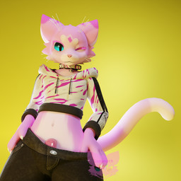 anthro barely_visible_genitalia bell bell_collar belly bottomwear bottomwear_pull clothed clothing clothing_pull collar fur genitals hoodie male markings no_underwear one_eye_closed pants pants_pull pink_body pink_fur simple_background solo tail tail_markings topwear whiskers white_belly yellow_background luramoth felura domestic_cat felid feline felis mammal mayu_(azuki) 1:1 3d_(artwork) absurd_res blender_(artwork) blender_cycles_(artwork) digital_media_(artwork) hi_res nonbinary_(lore)