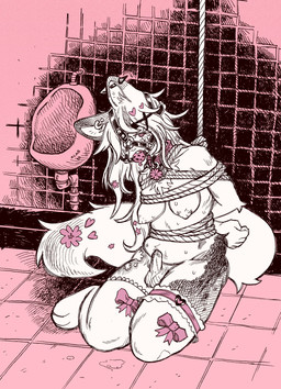 acab anthro areola ball_gag bodily_fluids bound breasts clothing collar drooling ear_piercing ear_ring ear_tuft floor gag genitals graffiti gynomorph intersex legwear nipples penis piercing ring_piercing rope saliva sitting solo stockings tile tile_floor tile_wall tuft urinal wall_(structure) bonnie_guerra canid canine canis domestic_dog mammal hi_res restricted_palette trans_(lore) trans_woman_(lore)