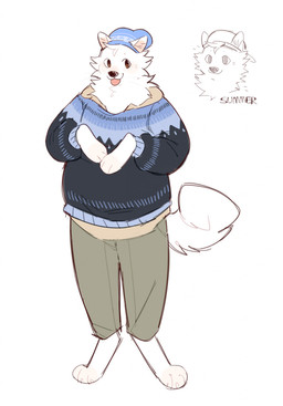 anthro blep blue_clothing blue_topwear bottomwear brown_eyes cheek_tuft clothed clothing facial_tuft front_view fur green_bottomwear green_clothing green_pants head_tuft looking_at_viewer male neck_tuft no_pupils overweight overweight_anthro overweight_male pants pink_tongue simple_background solo standing tongue tongue_out topwear tuft unsigned white_background white_body white_fur asnnonaka floofy_(asnnonaka) canid canine canis domestic_dog mammal nordic_sled_dog samoyed spitz full-length_portrait hi_res portrait