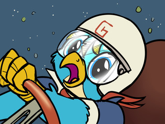 anthro avian_hands beak blue_body blue_clothing blue_eyes blue_feathers blue_fur blue_shirt blue_sweater blue_topwear car clothing cosplay crossover_cosplay driving feather_hair feathers fur kerchief male multicolored_body multicolored_fur pseudo_hair race_car red_kerchief shirt solo surprised sweater t-shirt tan_body topwear vehicle white_helmet yellow_beak pirill-poveniy friendship_is_magic hasbro my_little_pony mythology speed_racer gallus_(mlp) go_mifune avian gryphon mythological_avian mythological_creature 2020 4:3 crossover hi_res