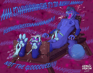 anthro balls bdsm begging blue_body bodily_fluids bondage bondage_chair bondage_furniture bound brush brushing_penis claws clothing cuff_(restraint) ears_back exclamation_point feet fluffy fluffy_tail footprint genital_fluids genitals gloves handwear knot leaking_precum leather leather_cuffs male markings overstimulation pawpads pawprint pawprint_(marking) paws penis pink_eyes pinwheel pivoted_ears precum restraints solo stocks straps tail tail_motion tailwag teeth text tickle_torture tickling tickling_feet tickling_genitalia tickling_penis toe_claws toes toothbrush lemonlordvenom canid canine canis fox hybrid mammal wolf hi_res