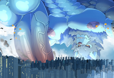 aircraft airplane all_fours balls big_penis black_body black_fur blue_body blue_fur city cloud destruction erection explosion fur genitals giga humanoid_genitalia humanoid_penis landscape_dwarfing laser macro male nipples penis smoke solo vehicle yellow_eyes sharkinn nintendo pokemon felid generation_4_pokemon luxray mammal pokemon_(species) absurd_res hi_res