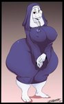 big_breasts black_border border breasts clothed clothing female fur headgear headwear horn huge_breasts huge_thighs jewelry necklace nipples nun nun_outfit red_eyes solo thick_thighs white_body white_fur deonwolf undertale_(series) toriel boss_monster_(undertale) mammal 2019 hi_res