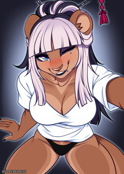 anthro arm_support bangs black_clothing black_hair black_thong black_underwear blue_eyes blunt_bangs blush breasts brown_body brown_fur brown_nose cleavage clothed clothing collarbone ear_piercing female fur grey_hair hair hair_bun heterochromia high-angle_view long_hair looking_at_viewer mole_under_eye multicolored_hair one_eye_closed piercing pink_blush purple_eyes round_ears selfie shirt simple_background sitting smile solo thong topwear two_tone_hair underwear white_clothing white_shirt white_topwear butterfliess felid lion mammal pantherine 2026 colored digital_drawing_(artwork) digital_media_(artwork) hi_res shaded simple_shading