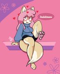 3_toes anthro barefoot clothed clothing eyewear feet female foot_focus glasses hair heart_eyes heart_symbol hearts_around_head looking_at_viewer pawpads sitting soles solo speech_bubble sweater toes topwear zorroenojado dogelore cheems canid canine canis domestic_dog mammal hi_res