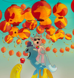 anthro apple candy candy_apple clothing dessert duo female food fruit hat headgear headwear horn male morse_code open_mouth plant sky_lantern unknown_artist chinese_zodiac mob_entertainment mythology poppy_playtime smiling_critters year_of_the_horse craftycorn doey_the_doughman_(poppy_playtime) clay_creature equid equine humanoid mammal mythological_creature mythological_equine unicorn absurd_res hi_res official_art