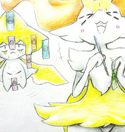 :< >o< ambiguous_anthro ambiguous_gender anthro blush blush_lines bodily_fluids brush drawing_(object) duo emanata featureless_crotch floating front_view holding_brush holding_object holding_paintbrush holding_paper open_:3 open_mouth open_smile paintbrush paper simple_background smile snout standing sweat sweatdrop tongue eiroru nintendo pokemon tanabata braixen canid generation_3_pokemon generation_6_pokemon jirachi legendary_pokemon mammal pokemon_(species) 2024 colored_pencil_(artwork) graphite_(artwork) hi_res traditional_media_(artwork)