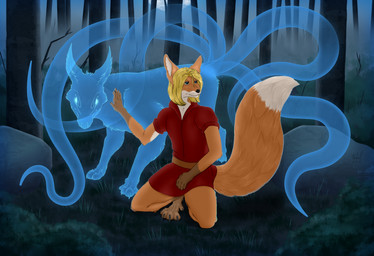 ambiguous_gender angry anthro belt clothed clothing detailed_background duo feral foggy_background forest forest_background glowing glowing_eyes hair multi_tail multicolored_body nature nature_background paws plant quadruped tail translucent translucent_body tree two_tone_body lunhiss canid canine fox mammal spirit 2022 dated digital_drawing_(artwork) digital_media_(artwork) hi_res shaded signature widescreen