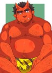 bodily_fluids bulge clothing horn male moobs musclegut muscular nipples overweight overweight_male red_body simple_background sitting solo tears underwear tabo_bear asian_mythology east_asian_mythology japanese_mythology mythology setsubun demon oni yokai 2023 hi_res