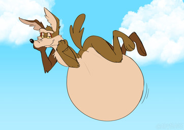 anthro belly big_belly brown_body brown_fur cloud floating fur half-closed_eyes inflated_belly inflation looking_at_viewer male motion_lines narrowed_eyes paws sky smile solo tan_body tan_fur yellow_sclera v1sage looney_tunes warner_brothers wile_e._coyote canid canine canis coyote mammal 2023 absurd_res hi_res