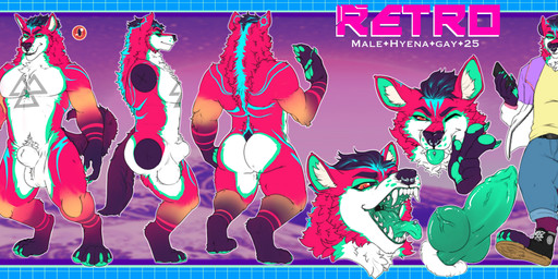 animal_genitalia animal_penis anthro canine_genitalia canine_penis clothing colored_mouth facial_piercing fluffy fur fur_markings genitals gradient_fur green_pawpads knot magenta_fur male markings mismatched_animal_genitalia mismatched_animal_penis mismatched_genitalia mismatched_penis nose_piercing open_mouth orange_body orange_eyes orange_fur pawpads penis piercing pupils purple_body purple_fur sheath slit_pupils solo synthwave teal_body teal_fur tongue tongue_piercing white_body white_fur robotbarista retro_(mythdawuff) hyena mammal absurd_res hi_res model_sheet