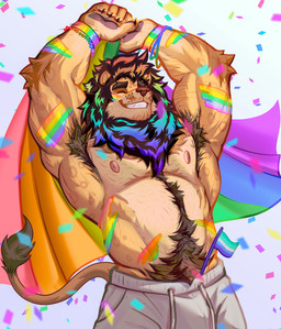 abs anthro areola armpit_hair arms_above_head biceps big_muscles body_hair bodypaint bottomwear bracelet chest_hair clothed clothing confetti eyebrows eyes_closed facial_hair flag flag_(object) fur happy_trail holding_flag holding_object jewelry lgbt_pride male mane muscular muscular_anthro muscular_male nipples obliques pants pecs pride_color_flag pride_colors pubes rainbow_pride_colors simple_background smile solo stubble teeth thick_arms topless topless_anthro topless_male triceps tuft vincian_pride_colors white_background sir_arion lgbt_pride_month felid lion mammal pantherine 2025 absurd_res hi_res