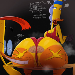accessory angry anthro anus beak big_anus big_butt black_background breasts brother_in_law butt duo exercise exercise_clothing eyewear female genitals glasses grin hand_on_butt headband insult larger_female looking_back looking_down male male/female musk open_beak open_mouth orange_legs plump_labia pubes questionable_consent simple_background sister_in_law sitting size_difference smaller_male smile speech_bubble spread_anus spread_butt spreading steam teeth text vulva weightlifting workout yellow_body pokachu_(artist) duckman bernice_florence_hufnagel_(duckman) duckman_(character) anatid anseriform avian bird duck 1:1 2025 english_text hi_res