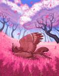 ambiguous_gender brown_body brown_feathers cherry_blossom cherry_tree day detailed_background feathered_wings feathers feral flower forest fruit_tree outside plant prunus_(flower) solo tree wings katie_hofgard nym_(katie_hofgard) alecani avian canid canine canis hybrid mammal wolf 2019 digital_media_(artwork) hi_res