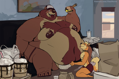 anthro beard belly big_belly box brown_body brown_fur bulge burger cigar clothing container facial_hair food fur furniture jockstrap male male/male moobs morbidly_obese morbidly_obese_male nipple_piercing nipples obese obese_male orange_body orange_fur overweight overweight_male piercing pizza_box sitting size_difference sofa tongue tongue_out underwear thisnorth bear canid canine canis domestic_dog mammal 3:2