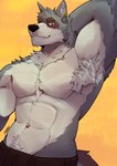 anthro armpit_hair body_hair ear_piercing fur grey_body grey_fur looking_at_viewer male navel pecs piercing solo gon_arts password_(visual_novel) tyson_(password) canid canine canis mammal wolf absurd_res hi_res