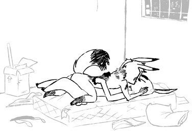 anthro box cardboard cardboard_box clothes_on_floor container cuddling detailed_background dipstick_tail duo eyes_closed female fingers fur gloves_(marking) hooved_fingers hooved_toes hooves inside interspecies interspecies_romance kissing leg_markings lying male male/female mane markings mattress mattress_on_floor messy_room nude on_back on_mattress pillow romantic romantic_couple sheared socks_(marking) striped_body striped_fur stripes tail tail_markings window the_weaver pack_street anneke_(weaver) remmy_cormo aardwolf bovid caprine hyena mammal sheep 2026 digital_drawing_(artwork) digital_media_(artwork) monochrome