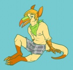 anthro arm_support beak blonde_hair blue_background blue_eyes bottomwear boxers_(clothing) claws clothed clothing dipstick_tail feathers fur green_kerchief green_neckerchief hair kerchief leg_markings long_ears looking_at_viewer male markings multicolored_tail muscular muscular_male neckerchief neckwear nipples orange_claws pattern_clothing pink_nipples plaid plaid_clothing shorts simple_background socks_(marking) solo tail tail_markings tartan_underwear topless two_tone_tail underwear yellow_body yellow_feathers doirn mythology avian bird gryphon hybrid kangaroo macropod mammal marsupial mythological_avian mythological_creature toucan