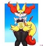 anthro blush breasts clothed clothing dipstick_tail female freckles inner_ear_fluff markings medium_breasts one-piece_swimsuit simple_background smile solo standing swimwear tail tail_markings thigh_gap translucent translucent_clothing translucent_swimwear tuft wide_hips mahoxy gris_swimsuit meme_clothing nintendo pokemon braixen generation_6_pokemon pokemon_(species) absurd_res hi_res meme