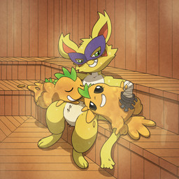 armless clothing cuddling featureless_crotch fur gloves green_eyes group handwear mask null sand sauna sitting smile smirk steam trio yellow_body yellow_fur argon_vile bandai_namco digimon kirby_(series) nintendo digimon_(species) elemental_creature felid goo_creature mammal mineral_fauna nyabootmon sand_creature sandran scalie 1:1 hi_res