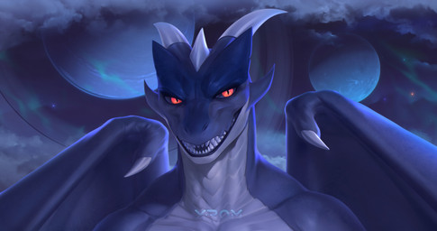 anthro blue_body cosmic_background countershading detailed_background horn looking_at_viewer male membrane_(anatomy) membranous_wings muscular open_mouth open_smile planet pupils red_eyes sharp_teeth slit_pupils smile solo star teeth wings x-rom mythology vendragon dragon mythological_creature mythological_scalie scalie 256:135 hi_res