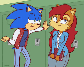 anthro blue_eyes book brown_body brown_fur canon_couple clothed clothing duo female flirting fur green_eyes hair high_school jacket letterman_jacket locker male open_mouth school shirt smile t-shirt topwear loshon archie_comics sega sonic_the_hedgehog_(archie) sonic_the_hedgehog_(comics) sonic_the_hedgehog_(series) sally_acorn sonic_the_hedgehog chipmunk eulipotyphlan ground_squirrel hedgehog mammal rodent sciurid digital_media_(artwork) flat_colors hi_res