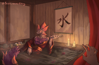 anthro asian_clothing biped blush candle chest_tuft clothing east_asian_clothing eyewear first_person_view fur glasses holding_pipe hot_spring human_pov inside japanese_clothing kimono looking_at_viewer male male_anthro onsen partially_submerged pov_hands purple_body purple_fur round_glasses scales smile smiling_at_viewer solo tuft water white_body white_scales tess_something capcom monster_hunter human leviathan_(mh) mammal mizutsune 2021 digital_media_(artwork) hi_res