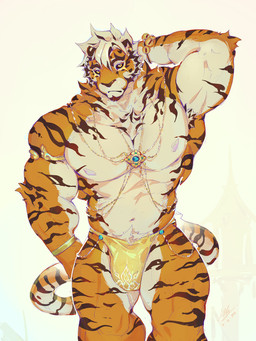 abs anthro areola arm_tuft armlet beard biped bracelet brown_beard brown_facial_hair brown_hair brown_nose brown_sclera brown_stripes bulge cheek_tuft clothed clothed_anthro clothed_male clothing ear_piercing ear_ring elbow_tuft facial_hair facial_tuft fur glistening glistening_eyes gold_(metal) gold_armlet gold_bracelet gold_jewelry hair hand_behind_head jewelry looking_at_viewer male male_anthro markings mouth_closed multicolored_body multicolored_fur multicolored_hair multicolored_tail muscular muscular_anthro muscular_male navel nipples orange_body orange_fur orange_tail pecs piercing pink_areola pink_nipples print_clothing print_underwear pubes ring_piercing simple_background solo striped_body striped_fur striped_markings striped_tail stripes tail tail_markings tan_body tan_fur tan_hair tan_pubes tan_tail tuft underwear underwear_only white_background yellow_clothing yellow_eyes yellow_underwear mist_cats felid mammal pantherine tiger 2025 3:4 dated digital_media_(artwork) hi_res signature
