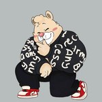 anthro blush bottomwear clothing eyes_closed humanoid_hands male overweight overweight_male pants simple_background solo unatazaamarilla breeze_in_the_clouds pile_(breeze_in_the_clouds) american_black_bear bear black_bear kermode_bear mammal ursine 1:1 2021