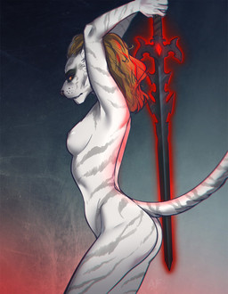 5_fingers anthro areola breasts brown_hair exposure_variation female fingers hair holding_melee_weapon holding_object holding_sword holding_weapon melee_weapon nipples nude solo sword weapon ariannafray_pr microsoft the_elder_scrolls sheta domestic_cat felid feline felis khajiit mammal vampire 2020 digital_media_(artwork) hi_res