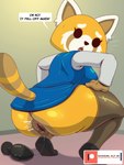 3:4 aggretsuko ailurid anal_juice anal_juice_string anthro anus bodily_fluids breasts butt buttplug buttplug_pull_out clothed clothing crouching dialogue female gaping gaping_anus genitals hi_res ike_marshall legwear mammal no_underwear plug_(sex_toy) puffy_anus pussy red_panda retsuko sanrio sex_toy solo speech_bubble stockings sweat