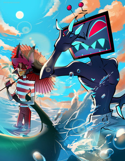 4_fingers animal_ears antlers beach beach_umbrella black_hair blue_body blue_clothing blue_skin blue_sky blue_swimming_trunks blue_swimwear claws clothing day duo electronics finger_claws fingers for_a_head hair horn male multicolored_hair navel open_mouth outside parasol red_eyes red_hair red_sclera screen screen_face sea sharp_teeth short_hair sky smile splash swimming_trunks swimwear teeth television tentacles text two_tone_hair water pinksartdump hazbin_hotel hellaverse alastor_(hazbin_hotel) vox_(hazbin_hotel) animal_humanoid deer deer_humanoid demon demon_humanoid humanoid mammal mammal_humanoid object_head screen_head tv_head 2025 artist_name hi_res watermark