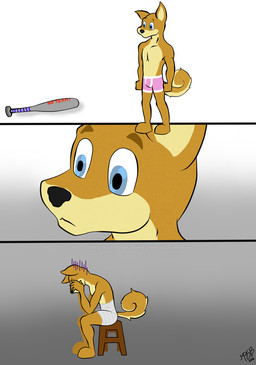 anthro baseball_bat basic_sequence bat_(object) biped black_nose blue_eyes boxer_briefs brown_body brown_fur brown_tail clothed clothing fur humor linear_sequence male multicolored_body multicolored_fur pink_clothing pink_underwear simple_background sitting snout solo standing tail tan_body tan_fur three_frame_image three_frame_sequence topless two_tone_body two_tone_fur underwear mr.brapion canid canine canis domestic_dog mammal shiba_inu spitz 2016 comic sequence