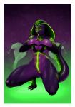 anthro big_breasts bioluminescence breast_squish breasts female genitals glowing glowing_eyes green_eyes markings nipples non-mammal_breasts nude pose pussy snake_hood solo squish tongue tongue_out hijabolic qhala cobra reptile scalie snake hi_res