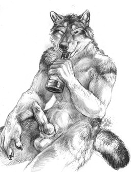 alcohol_bottle anthro balls claws drinking drinking_from_bottle drunk erection finger_claws fur genitals knot knotted_penis looking_at_viewer male nude nude_anthro nude_male one_eye_closed penis simple_background sitting solo substance_intoxication tail white_background blotch scratches_volume_4 canid canine canis mammal wolf 2010 hi_res traditional_media_(artwork)