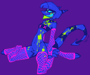 anthro armwear blacklight blue_body bob_cut bottomless breasts bright_colors clothed clothing collar crotch_tuft digitigrade featureless_crotch female female_anthro fishnet_armwear fishnet_clothing fishnet_gloves fishnet_handwear fishnet_legwear fishnet_thigh_highs flat_chested gloves green_liquid green_paint grin hair handwear horn kneeling legwear liquid markings neon paint purple_background short_hair simple_background skinny small_breasts small_waist smile solo spade_tail spiked_collar spikes striped_horn striped_markings striped_tail stripes tail tail_markings thigh_highs topwear tube_top tuft btascandalist bat_(btascandalist) imp nonbinary_(lore)