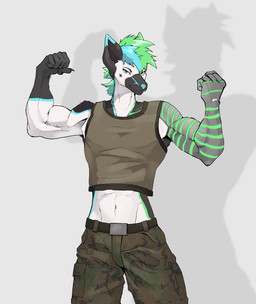 anthro bottomwear camo camo_bottomwear camo_clothing camo_pants camo_print clothed clothing flexing glowing glowing_body glowing_markings glowing_nose heterochromia male markings muscular pants pattern_bottomwear pattern_clothing pattern_pants prosthetic prosthetic_limb shadow shirt solo tank_top topwear unknown_artist rex_schafer canid canine canis domestic_dog german_shepherd herding_dog mammal pastoral_dog 2022 hi_res