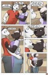 age_difference anthro blue_hair clothing comic domestic_cat duo felid feline felis female flirting fur hair hand_on_butt hi_res kissing kitchen leanne_summers male mammal mature_anthro mature_female mephitid mother_(lore) older_female parent_(lore) ritts skunk tail younger_male