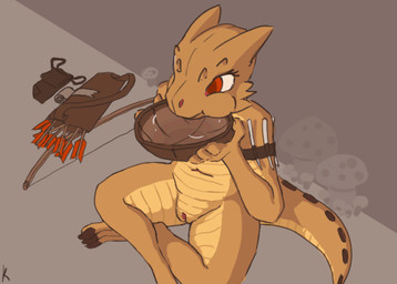 4_fingers anthro arrow_(weapon) biped bow_(weapon) bowl brown_body brown_skin claws clothing container crossed_legs detailed_background discarded_clothing discarded_object discarded_weapon drinking eyes_closed female fingers fungus genitals high-angle_view holding_object horn looking_away mostly_nude mushroom navel non-mammal_navel non-mammal_vulva open_mouth ranged_weapon red_eyes scales sitting solo three-quarter_view vulva water weapon yellow_body yellow_scales kreddits kobold scalie 2019 2d_animation animated digital_drawing_(artwork) digital_media_(artwork) frame_by_frame loop signature