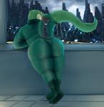 anthro big_butt biped butt city cityscape clothing disembodied_hand duo female green_clothing leaning looking_back raised_tail rear_view solo_focus standing tail thick_thighs window doctordj olivia_(doctordj) alligator alligatorid crocodilian reptile scalie 2019 absurd_res digital_media_(artwork) full-length_portrait hi_res portrait signature