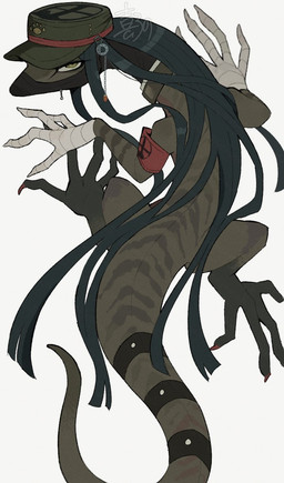 accessory armband bandaged_hand button_(fastener) claws clothing collar eyelashes eyelashes_through_hair feral furgonomics gradient_tail green_body green_eyes hair hat headgear headwear leg_markings long_hair male markings mask military_cap red_armband simple_background socks_(marking) solo sprawling_gait striped_body stripes tail tail_accessory tail_collar tailband text toe_claws translucent translucent_hair underbelly white_background white_sclera zipper kiirono danganronpa danganronpa_v3 spike_chunsoft korekiyo_shinguji lizard reptile scalie 2026 artist_name signature watermark