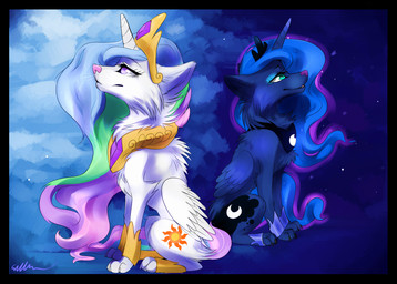 abstract_background alternate_species black_body black_border black_fur blue_body blue_eyes blue_fur blue_hair border claws cloud collar crown cutie_mark digitigrade duo feathered_wings feathers female feral fur green_hair hair headgear horn jewelry long_hair moon multicolored_hair necklace pink_hair princess purple_eyes purple_hair quadruped royalty simple_background sitting sky sparkles star sun tail toe_claws whiskers white_body white_fur wings affanita friendship_is_magic hasbro my_little_pony princess_celestia_(mlp) princess_luna_(mlp) canid canine canis mammal wolf 2013 hi_res signature